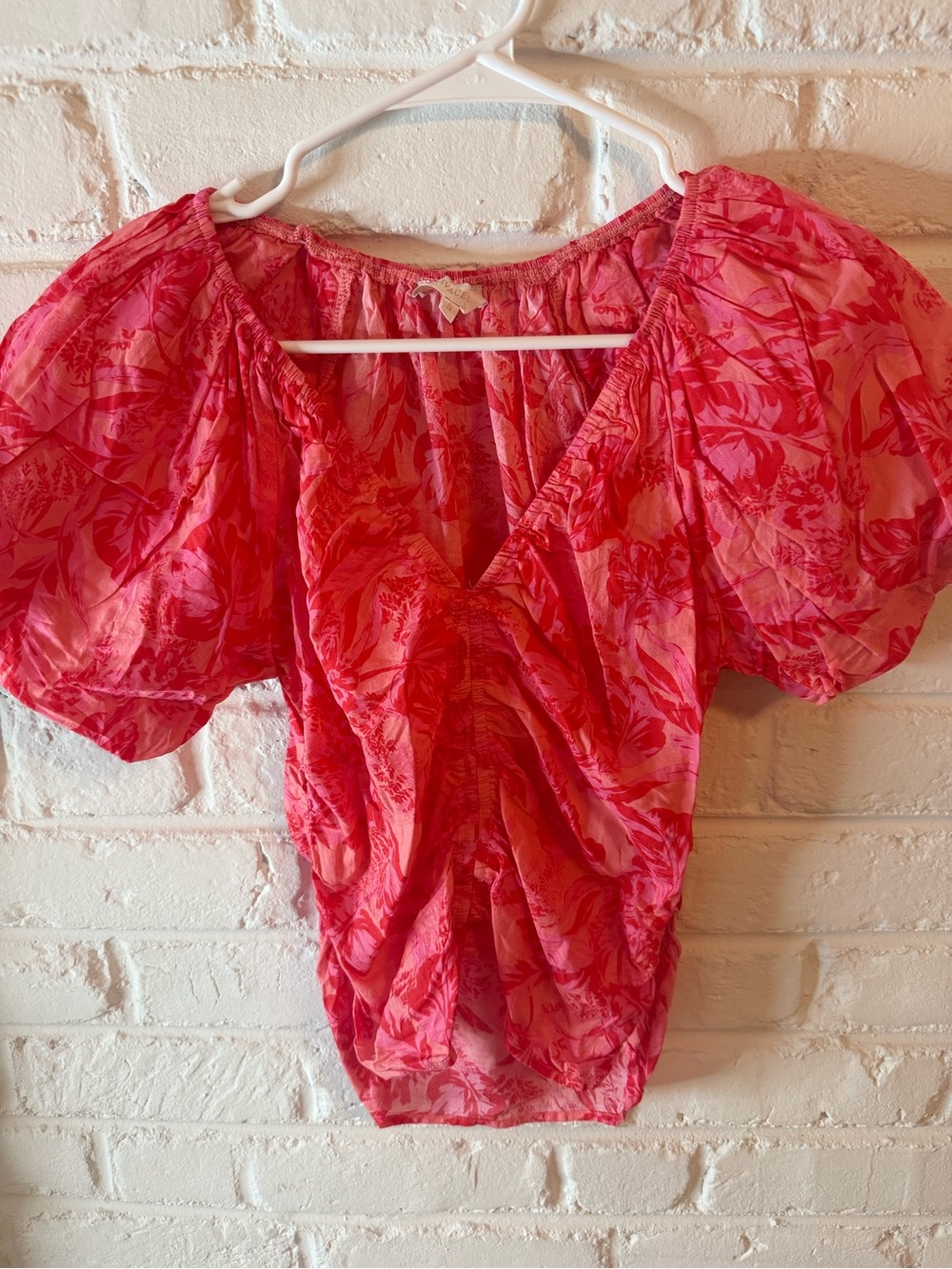 Olivaceous Coral-Pink Puff Sleeve V-Neck Blouse